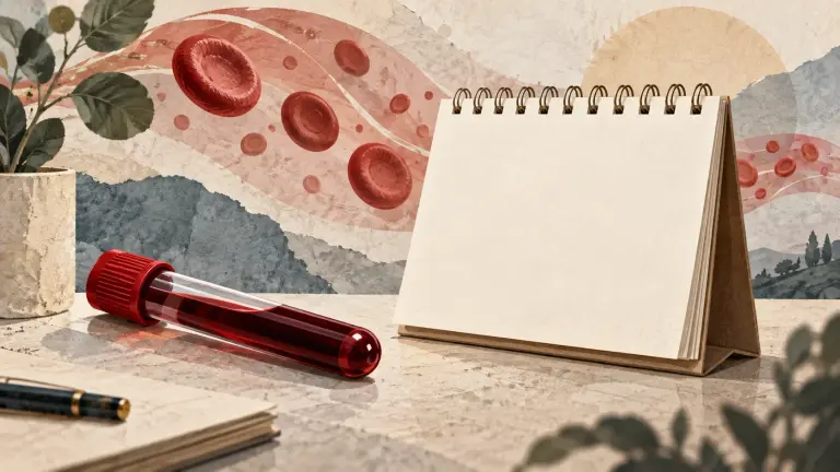 Eprubetă și calendar fără cifre, într-o ilustrație despre evaluarea glicemiei în timp.