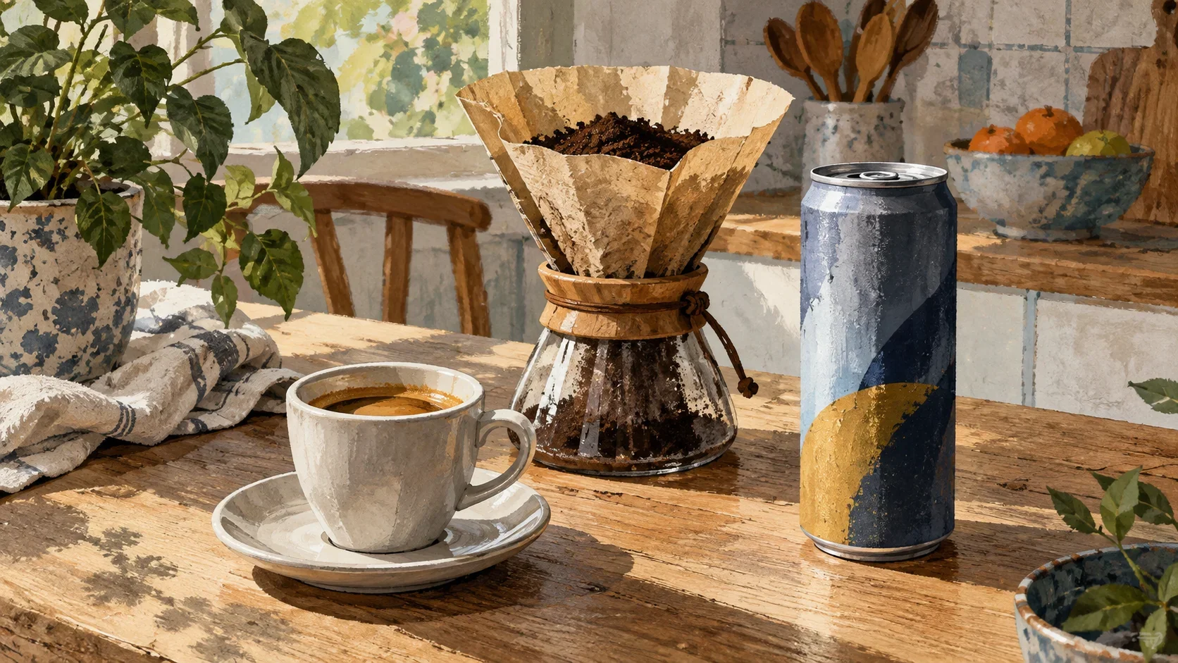 Cafea, filtru de hârtie și doză fără marcă, într-o ilustrație despre cofeină.
