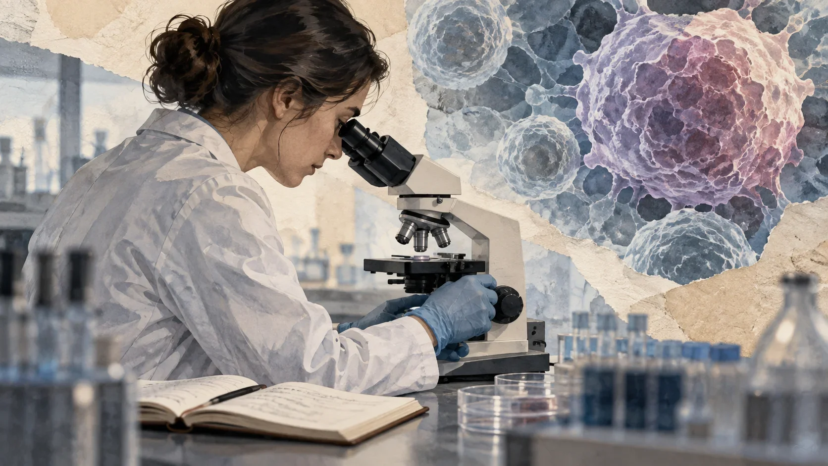 Cercetătoare la microscop, într-o ilustrație conceptuală despre cercetarea cancerului pancreatic.