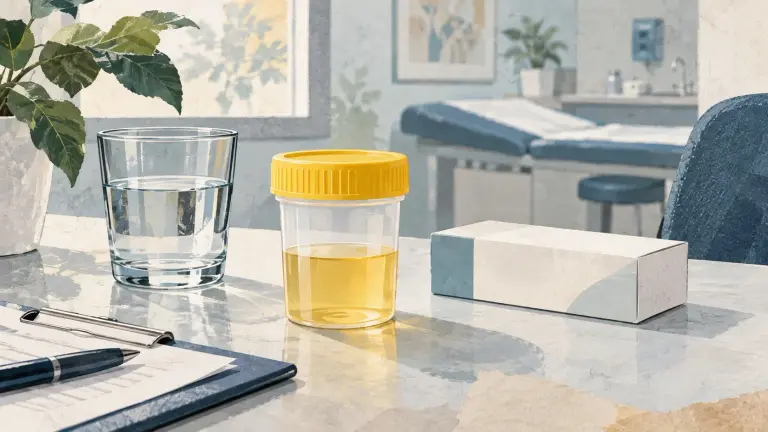 Recipient pentru probă de urină și ambalaj medicamentos fără marcă.