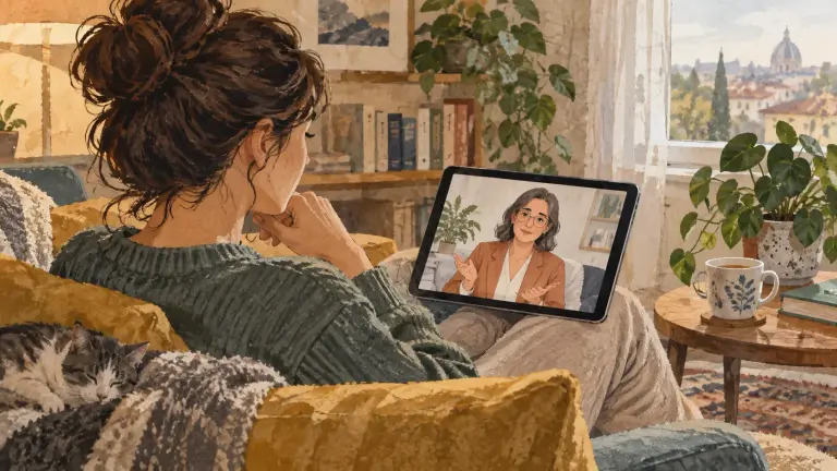 Persoană care participă la o ședință de terapie online, într-un cadru casnic.
