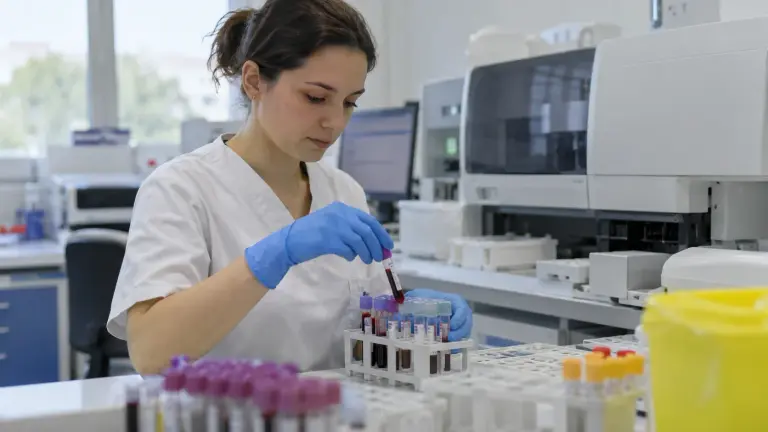 Probe de sânge pregătite într-un laborator medical.