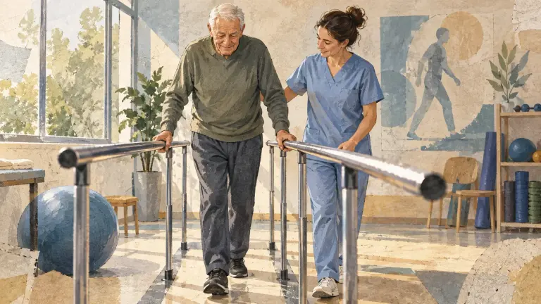 Persoană adultă care exersează mersul alături de un fizioterapeut.