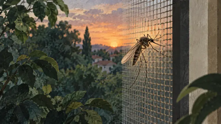 Țânțar pe o plasă de fereastră, într-un cadru de seară.