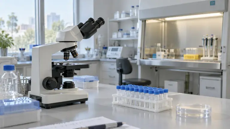 Microscop și eprubete închise într-un laborator de microbiologie.
