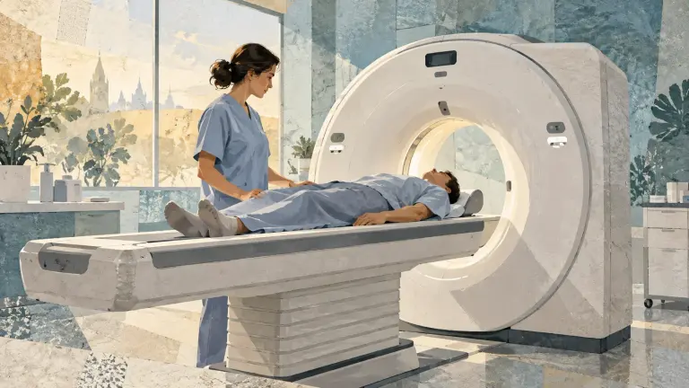 Pacient și personal medical lângă un tomograf computerizat.