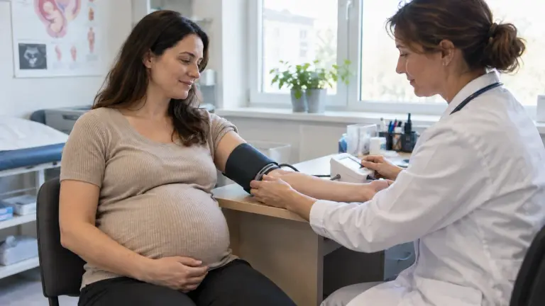 Măsurarea tensiunii arteriale la o consultație prenatală.