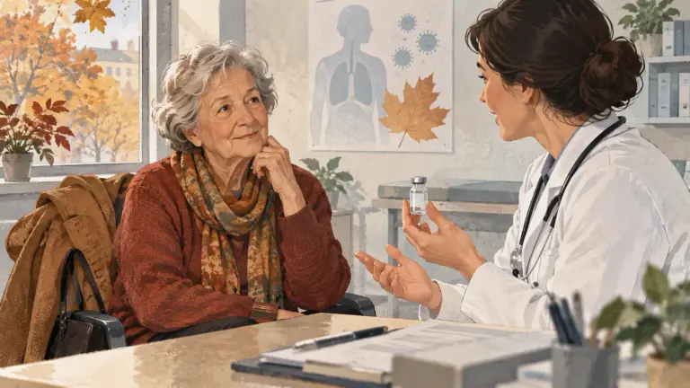 Persoană vârstnică și medic de familie discutând vaccinarea de sezon.