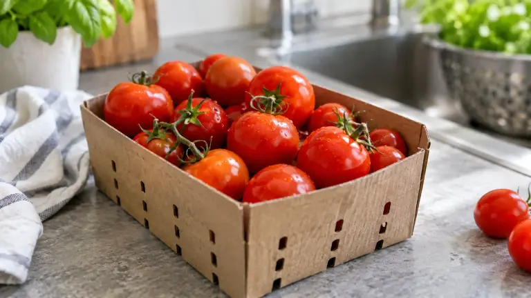 Roșii mici într-un recipient pentru produse alimentare.