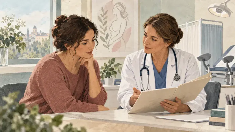 Pacientă și medic discutând opțiuni într-o consultație ginecologică.
